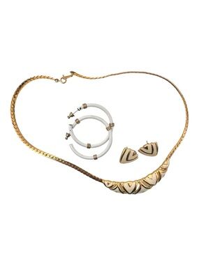 Vintage Avon Gold-Tone Necklace with White Napier Hoop and Gold Accent Earrings